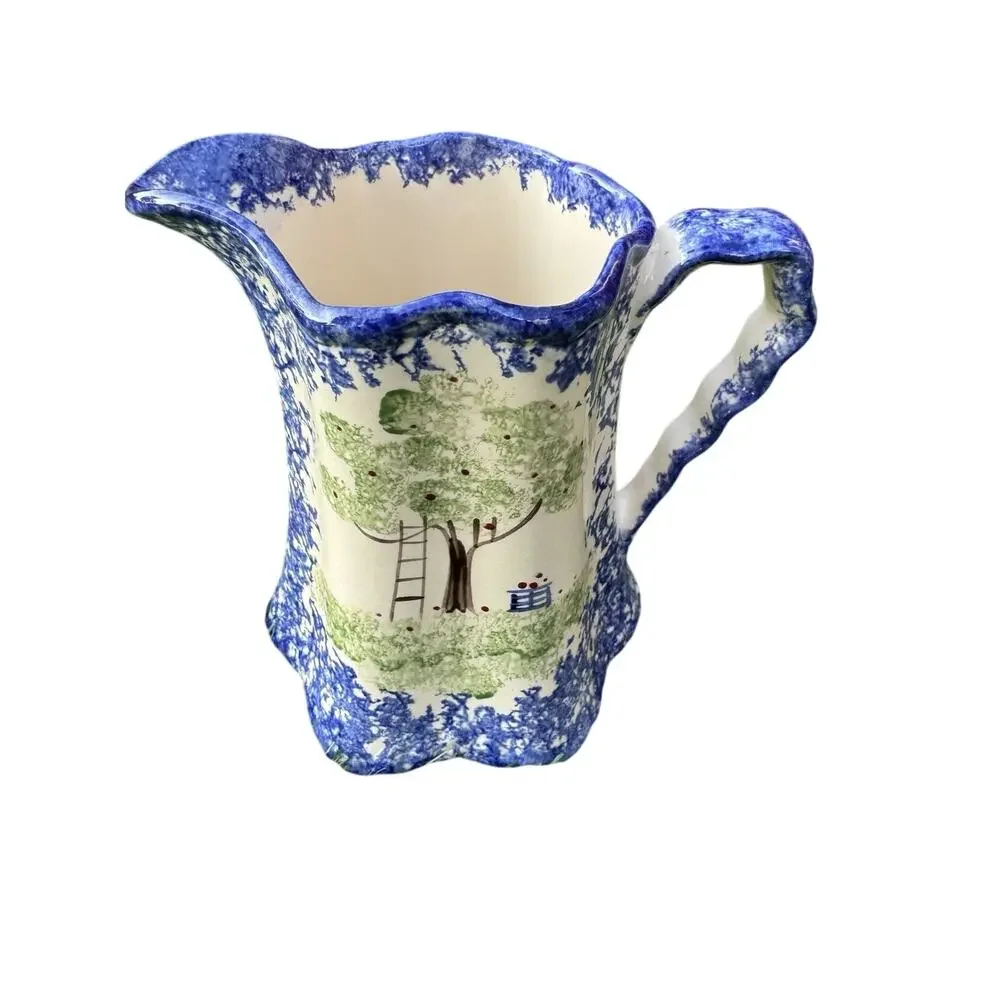 VTG Molly Dallas Blue Spatterware Ohio Folk Apple Tree Pitcher Wavy Handle 6.5